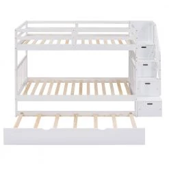 Solid Wood Full Stairway Bunk Bed with Twin Size Trundle and Reversible Staircase, Can be Divided into 2 Beds，White by ANBAZAR -ANBAZAR Sales white anbazar bunk beds ff94 k 77 1000