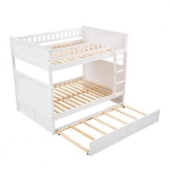 Full Over Full Bunk Bed with Trundle Safety Rail & Ladder, Detachable Wood Full Bunk Bed Frame ，White by ANBAZAR -ANBAZAR Sales white anbazar bunk beds ff97 k 1 1f 1000