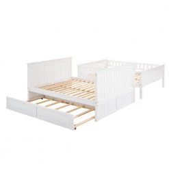 Full Over Full Bunk Bed with Trundle Safety Rail & Ladder, Detachable Wood Full Bunk Bed Frame ，White by ANBAZAR -ANBAZAR Sales white anbazar bunk beds ff97 k 1 44 1000