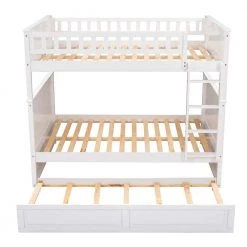 Full Over Full Bunk Bed with Trundle Safety Rail & Ladder, Detachable Wood Full Bunk Bed Frame ，White by ANBAZAR