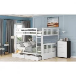 White Full-Over-Full Bunk Bed with 2-Storage Drawers Solid Wood Bunks Bed Frame by ANBAZAR -ANBAZAR Sales white anbazar bunk beds wkx10 wt 31 1000