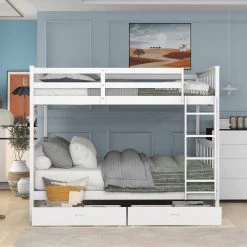 White Full-Over-Full Bunk Bed with 2-Storage Drawers Solid Wood Bunks Bed Frame by ANBAZAR -ANBAZAR Sales white anbazar bunk beds wkx10 wt 44 1000