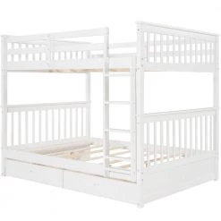 White Full-Over-Full Bunk Bed with 2-Storage Drawers Solid Wood Bunks Bed Frame by ANBAZAR -ANBAZAR Sales white anbazar bunk beds wkx10 wt 4f 1000