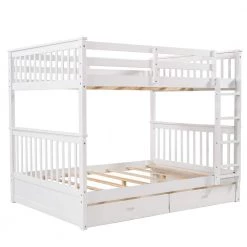 White Full-Over-Full Bunk Bed with 2-Storage Drawers Solid Wood Bunks Bed Frame by ANBAZAR