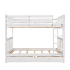 White Full-Over-Full Bunk Bed with 2-Storage Drawers Solid Wood Bunks Bed Frame by ANBAZAR -ANBAZAR Sales white anbazar bunk beds wkx10 wt c3 1000