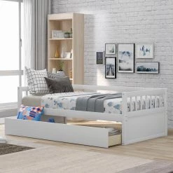 Wood Daybed with Storage Drawers, Twin Size Daybed Sofa Bed Frame for Bedroom, Guest Room, Living Room, White by ANBAZAR