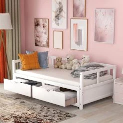 Extendable Twin White Daybed with Trundle Wood Daybed with Pull Out Trundle and 2-Drawers Twin to King Daybed Frame by ANBAZAR