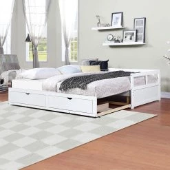 Extendable Twin White Daybed with Trundle Wood Daybed with Pull Out Trundle and 2-Drawers Twin to King Daybed Frame by ANBAZAR -ANBAZAR Sales white anbazar daybeds 00300anna c3 1000