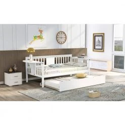 White Twin Size Wood Daybed with Trundle Bed, Dual-use Sturdy Daybed Sofa Bed Frame With Small Table by ANBAZAR -ANBAZAR Sales white anbazar daybeds 00543anna 31 1000