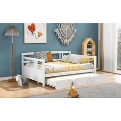 Full Size White Wood Daybed with Twin Size Trundle, Solid Sofa Bed Frame for Living Room, No Box Spring Required by ANBAZAR -ANBAZAR Sales white anbazar daybeds 00552anna 31 1000