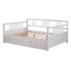 Full Size White Wood Daybed with Twin Size Trundle, Solid Sofa Bed Frame for Living Room, No Box Spring Required by ANBAZAR -ANBAZAR Sales white anbazar daybeds 00552anna 44 1000