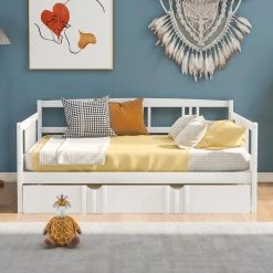 Full Size White Wood Daybed with Twin Size Trundle, Solid Sofa Bed Frame for Living Room, No Box Spring Required by ANBAZAR