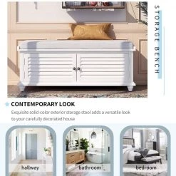 White Louver Design Wood Entryway Storage Shoe Bench 43.4"L x 15.75"W x 18.1"H with Removable Cushion and 2 Cabinets by ANBAZAR -ANBAZAR Sales white anbazar dining benches 01514anna k 31 1000
