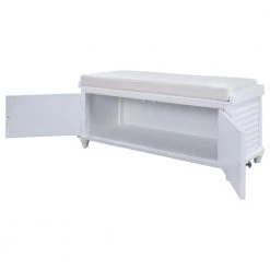 White Louver Design Wood Entryway Storage Shoe Bench 43.4"L x 15.75"W x 18.1"H with Removable Cushion and 2 Cabinets by ANBAZAR -ANBAZAR Sales white anbazar dining benches 01514anna k 4f 1000