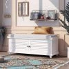 White Louver Design Wood Entryway Storage Shoe Bench 43.4"L x 15.75"W x 18.1"H with Removable Cushion and 2 Cabinets by ANBAZAR