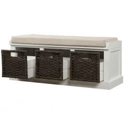 White Rustic Entryway Storage Bench with Removable Cushion, Wood Bedroom Entrance Bench with 3 Removable Baskets by ANBAZAR -ANBAZAR Sales white anbazar dining benches 01533anna k 4f 1000