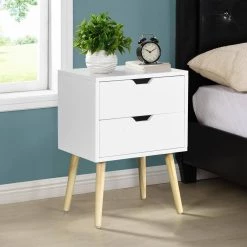 11.8 in. Mid-Century White Rectangle Wood End Table with 2 Drawer and Rubber Wood Legs, Storage Cabinet for Bedroom by ANBAZAR -ANBAZAR Sales white anbazar end side tables d 001259 j 31 1000