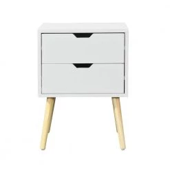 11.8 in. Mid-Century White Rectangle Wood End Table with 2 Drawer and Rubber Wood Legs, Storage Cabinet for Bedroom by ANBAZAR