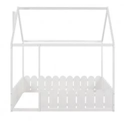 Full Size White House Bed for Kids, Low Floor House Bed with Fence-Shaped Guardrails, Wood Kids House Full Bed Frame by ANBAZAR -ANBAZAR Sales white anbazar kids beds 00013anna 1f 1000