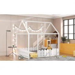 Full Size White House Bed for Kids, Low Floor House Bed with Fence-Shaped Guardrails, Wood Kids House Full Bed Frame by ANBAZAR -ANBAZAR Sales white anbazar kids beds 00013anna 31 1000