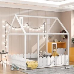 Full Size White House Bed for Kids, Low Floor House Bed with Fence-Shaped Guardrails, Wood Kids House Full Bed Frame by ANBAZAR