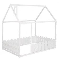 Full Size White House Bed for Kids, Low Floor House Bed with Fence-Shaped Guardrails, Wood Kids House Full Bed Frame by ANBAZAR -ANBAZAR Sales white anbazar kids beds 00013anna c3 1000