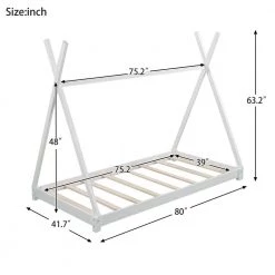 White Twin Size Floor House Platform Bed with Roof, Wood Toddler Kids Tent House Bed Frame with Triangle Structure by ANBAZAR -ANBAZAR Sales white anbazar kids beds 00797anna 1f 1000