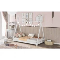 White Twin Size Floor House Platform Bed with Roof, Wood Toddler Kids Tent House Bed Frame with Triangle Structure by ANBAZAR -ANBAZAR Sales white anbazar kids beds 00797anna 31 1000