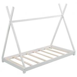 White Twin Size Floor House Platform Bed with Roof, Wood Toddler Kids Tent House Bed Frame with Triangle Structure by ANBAZAR -ANBAZAR Sales white anbazar kids beds 00797anna 4f 1000