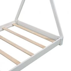 White Twin Size Floor House Platform Bed with Roof, Wood Toddler Kids Tent House Bed Frame with Triangle Structure by ANBAZAR -ANBAZAR Sales white anbazar kids beds 00797anna 76 1000