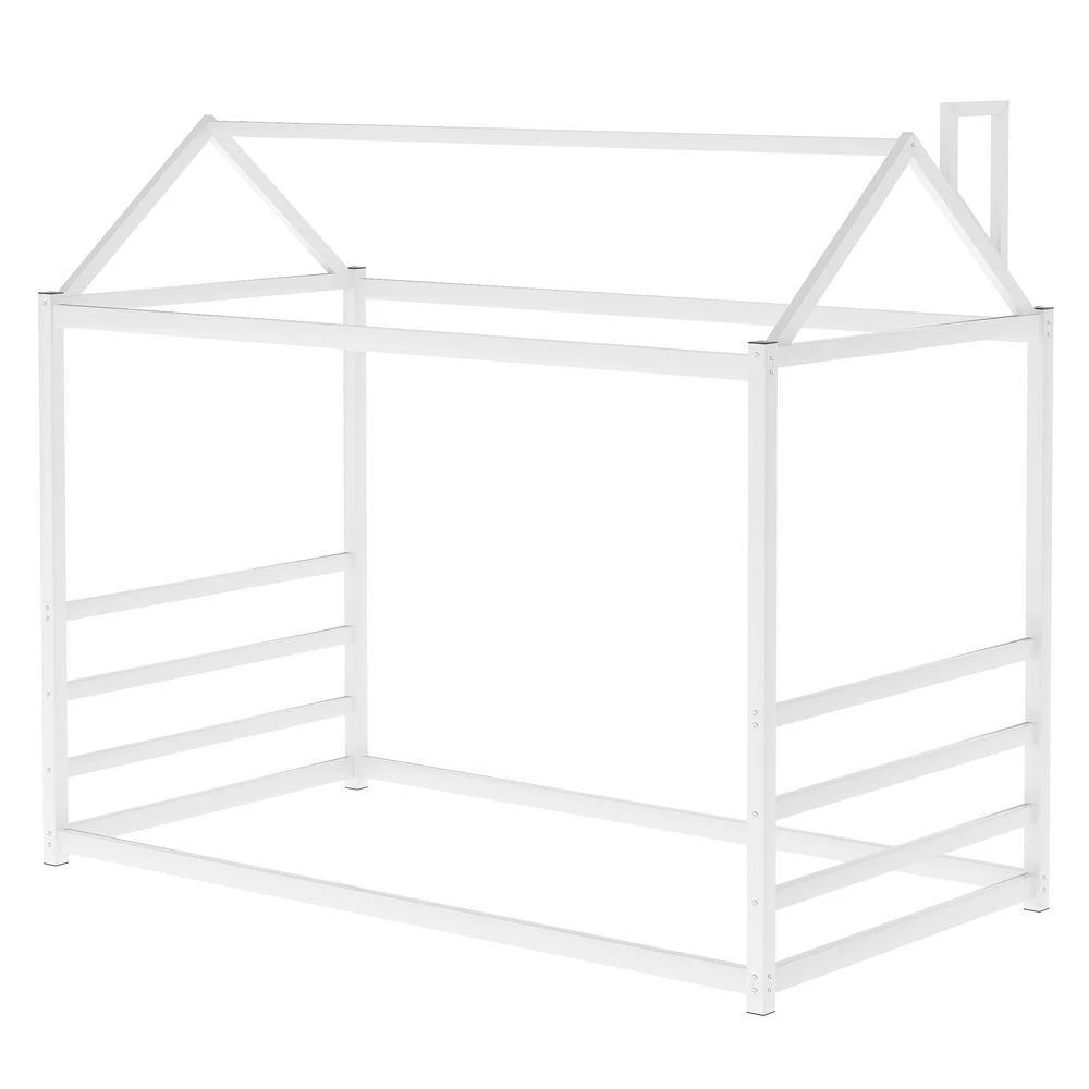 White Twin Size Metal House Beds with Roof and Chimney, Toddlers Kids Floor Platform Bed Frame with House Shape Roof by ANBAZAR 5 White Twin Size Metal House Beds with Roof and Chimney, Toddlers Kids Floor Platform Bed Frame with House Shape Roof by ANBAZAR - Image 5