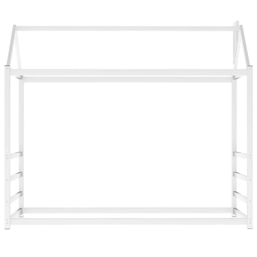 White Twin Size Metal House Beds with Roof and Chimney, Toddlers Kids Floor Platform Bed Frame with House Shape Roof by ANBAZAR 1 White Twin Size Metal House Beds with Roof and Chimney, Toddlers Kids Floor Platform Bed Frame with House Shape Roof by ANBAZAR