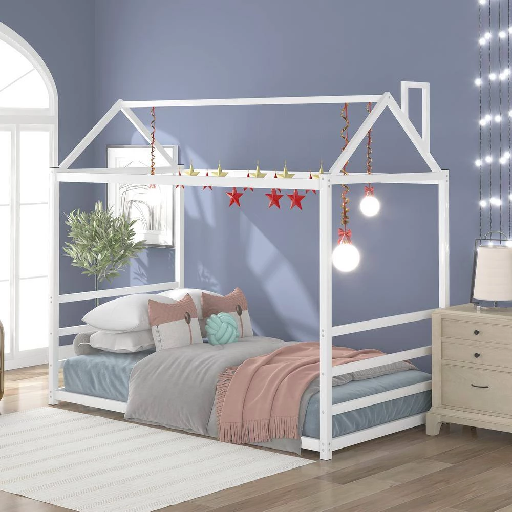 White Twin Size Metal House Beds with Roof and Chimney, Toddlers Kids Floor Platform Bed Frame with House Shape Roof by ANBAZAR 3 White Twin Size Metal House Beds with Roof and Chimney, Toddlers Kids Floor Platform Bed Frame with House Shape Roof by ANBAZAR - Image 3