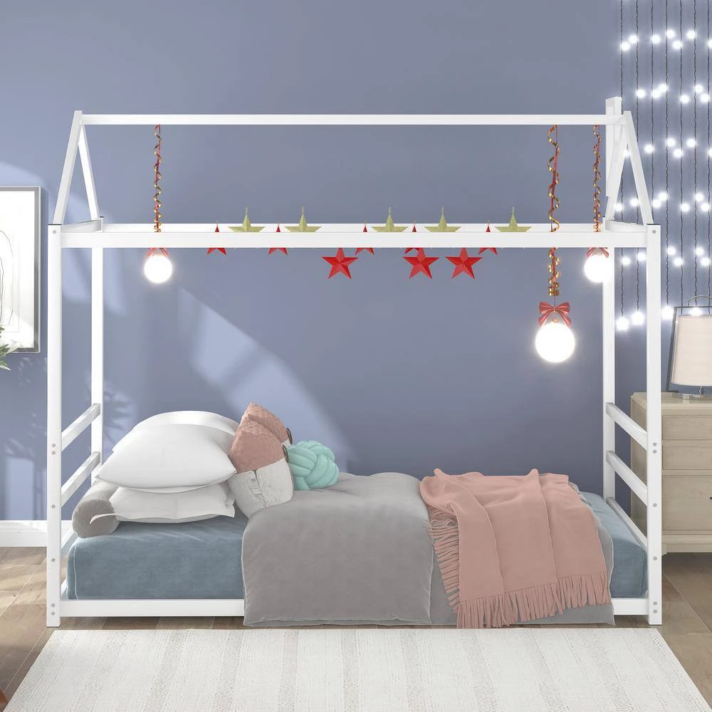 White Twin Size Metal House Beds with Roof and Chimney, Toddlers Kids Floor Platform Bed Frame with House Shape Roof by ANBAZAR 2 White Twin Size Metal House Beds with Roof and Chimney, Toddlers Kids Floor Platform Bed Frame with House Shape Roof by ANBAZAR - Image 2