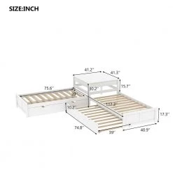 White Twin Size L-Shaped Platform Bed with Two Trundles and Built-in Table, Wood Kids Bed Storage Daybed with Trundle by ANBAZAR -ANBAZAR Sales white anbazar kids beds 00983anna 1f 1000