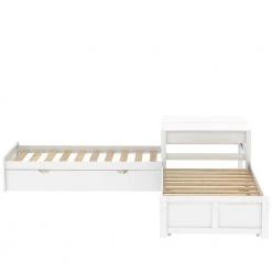 White Twin Size L-Shaped Platform Bed with Two Trundles and Built-in Table, Wood Kids Bed Storage Daybed with Trundle by ANBAZAR -ANBAZAR Sales white anbazar kids beds 00983anna 44 1000