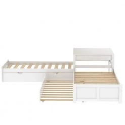 White Twin Size L-Shaped Platform Bed with Two Trundles and Built-in Table, Wood Kids Bed Storage Daybed with Trundle by ANBAZAR