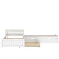 White Twin Size L-Shaped Platform Bed with Two Trundles and Built-in Table, Wood Kids Bed Storage Daybed with Trundle by ANBAZAR -ANBAZAR Sales white anbazar kids beds 00983anna 76 1000