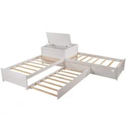 White L-shaped Platform Bed with Trundle and 2 Drawers, Twin Size Wood Kids Bed Daybed Frame with Built-in Square Table by ANBAZAR