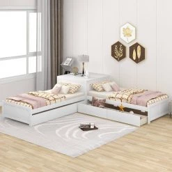 White L-shaped Platform Bed with Trundle and 2 Drawers, Twin Size Wood Kids Bed Daybed Frame with Built-in Square Table by ANBAZAR -ANBAZAR Sales white anbazar kids beds 00986anna c3 1000