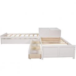 White L-shaped Platform Bed with Trundle and 2 Drawers, Twin Size Wood Kids Bed Daybed Frame with Built-in Square Table by ANBAZAR -ANBAZAR Sales white anbazar kids beds 00986anna fa 1000