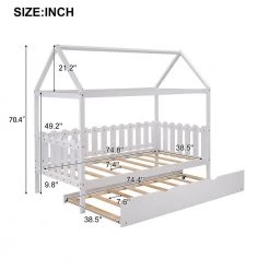White Twin Size Wood House Bed with Trundle, Twin Kids Canopy Bed Daybed with Roof and Fence-Shaped Guardrail by ANBAZAR 13 White Twin Size Wood House Bed with Trundle, Twin Kids Canopy Bed Daybed with Roof and Fence-Shaped Guardrail by ANBAZAR -ANBAZAR Sales white anbazar kids beds 01030anna k 1f 1000