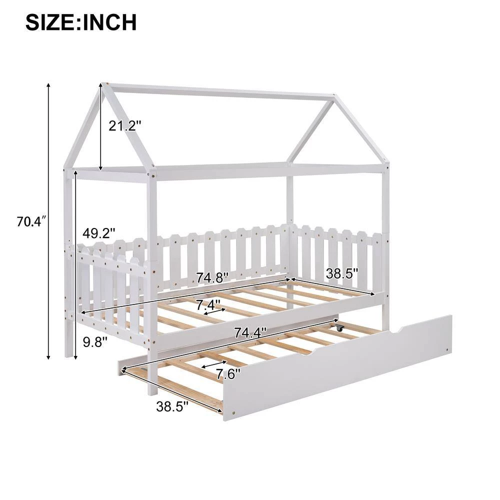 White Twin Size Wood House Bed with Trundle, Twin Kids Canopy Bed Daybed with Roof and Fence-Shaped Guardrail by ANBAZAR 5 White Twin Size Wood House Bed with Trundle, Twin Kids Canopy Bed Daybed with Roof and Fence-Shaped Guardrail by ANBAZAR - Image 5