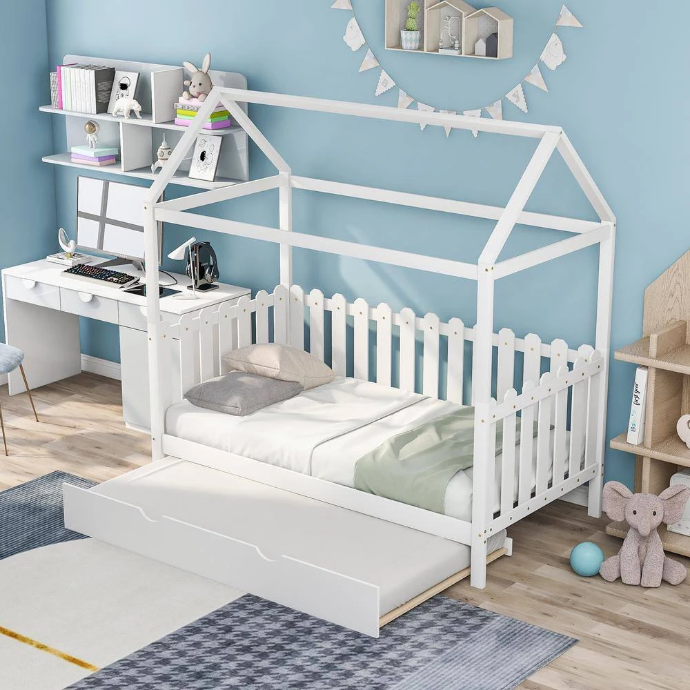White Twin Size Wood House Bed with Trundle, Twin Kids Canopy Bed Daybed with Roof and Fence-Shaped Guardrail by ANBAZAR 9 White Twin Size Wood House Bed with Trundle, Twin Kids Canopy Bed Daybed with Roof and Fence-Shaped Guardrail by ANBAZAR - Image 9
