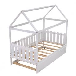 White Twin Size Wood House Bed with Trundle, Twin Kids Canopy Bed Daybed with Roof and Fence-Shaped Guardrail by ANBAZAR 12 White Twin Size Wood House Bed with Trundle, Twin Kids Canopy Bed Daybed with Roof and Fence-Shaped Guardrail by ANBAZAR -ANBAZAR Sales white anbazar kids beds 01030anna k 4f 1000