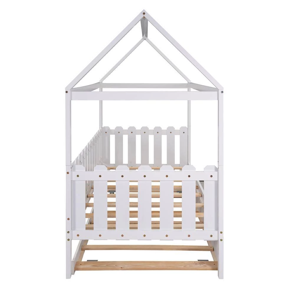 White Twin Size Wood House Bed with Trundle, Twin Kids Canopy Bed Daybed with Roof and Fence-Shaped Guardrail by ANBAZAR 8 White Twin Size Wood House Bed with Trundle, Twin Kids Canopy Bed Daybed with Roof and Fence-Shaped Guardrail by ANBAZAR - Image 8