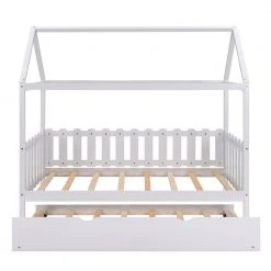 White Twin Size Wood House Bed with Trundle, Twin Kids Canopy Bed Daybed with Roof and Fence-Shaped Guardrail by ANBAZAR 11 White Twin Size Wood House Bed with Trundle, Twin Kids Canopy Bed Daybed with Roof and Fence-Shaped Guardrail by ANBAZAR -ANBAZAR Sales white anbazar kids beds 01030anna k c3 1000