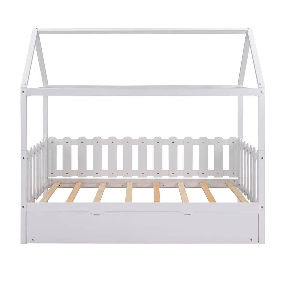 White Twin Size Wood House Bed with Trundle, Twin Kids Canopy Bed Daybed with Roof and Fence-Shaped Guardrail by ANBAZAR 2 White Twin Size Wood House Bed with Trundle, Twin Kids Canopy Bed Daybed with Roof and Fence-Shaped Guardrail by ANBAZAR - Image 2