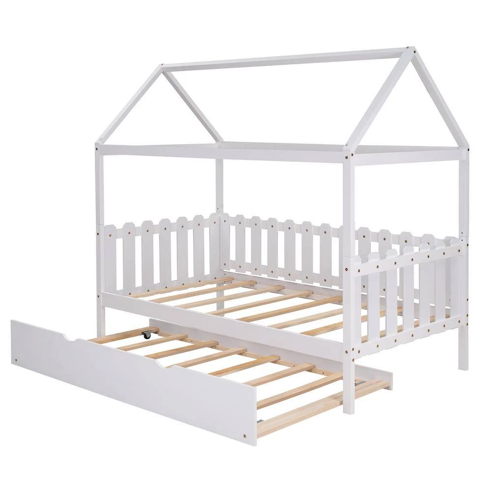 White Twin Size Wood House Bed with Trundle, Twin Kids Canopy Bed Daybed with Roof and Fence-Shaped Guardrail by ANBAZAR 7 White Twin Size Wood House Bed with Trundle, Twin Kids Canopy Bed Daybed with Roof and Fence-Shaped Guardrail by ANBAZAR - Image 7