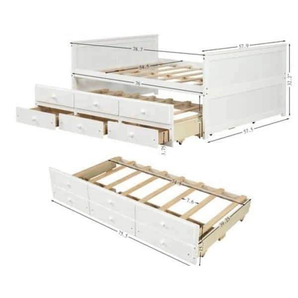 White Full Size Kids Captain's Bed Platform Bed with Trundle Bed Wood Storage Full Daybed with 3-Storage Drawers by ANBAZAR 5 White Full Size Kids Captain's Bed Platform Bed with Trundle Bed Wood Storage Full Daybed with 3-Storage Drawers by ANBAZAR - Image 5
